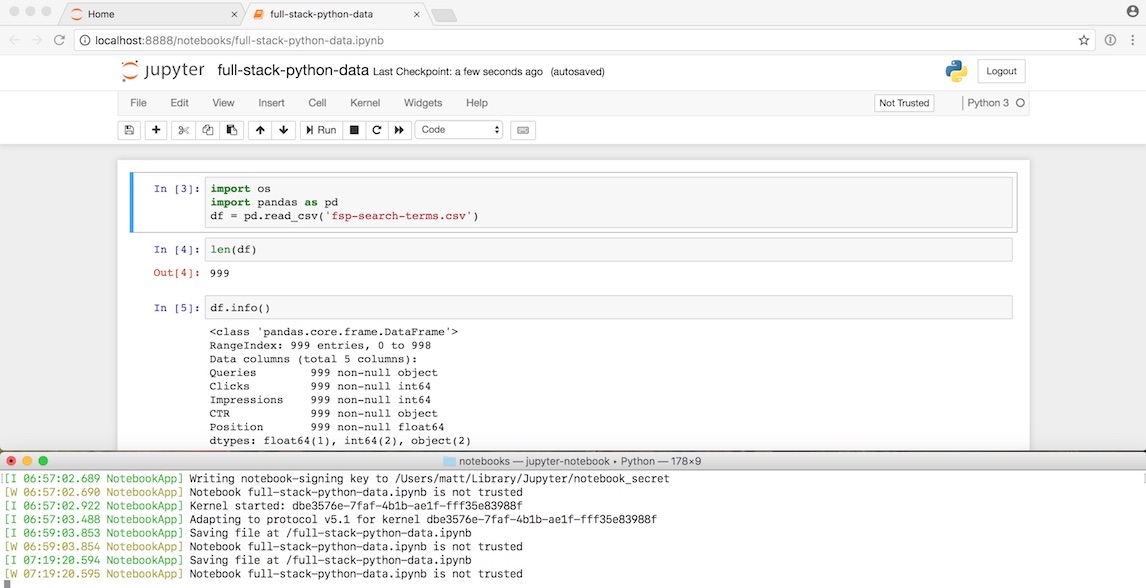 Screenshot of Jupyter Notebook running in the browser and server in terminal.