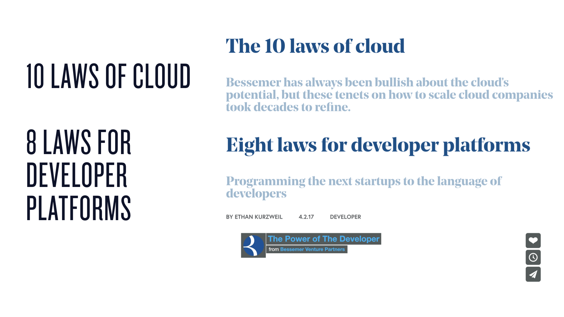 Bessemer's 10 Laws of Cloud Computing and developer platform laws are fantastic foundational reading.
